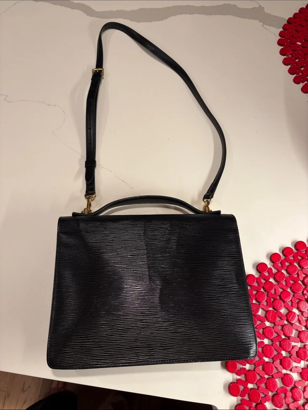 Louis Vuitton Black Epi Leather Monceau 28 Top Handle & Strap with Gold Hardware